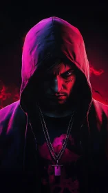 Hooded cyberpunk antihero under neon red rim light.