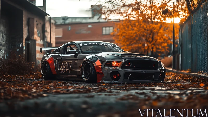 Modified street racing car in autumn urban alleyway.