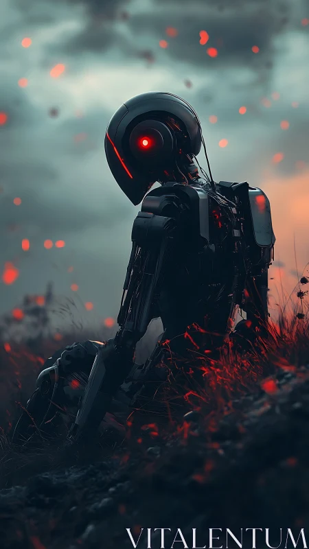 Backlit combat drone kneels in red bioluminescent field at dusk