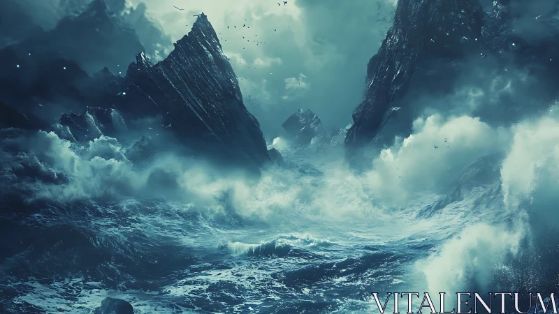 Storm-sculpted ocean devours jagged midnight cliffs