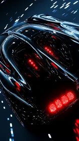 Futuristic black sports car with red lights in motion.