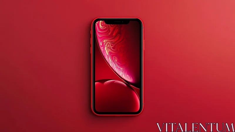 Red iPhone with Swirled Abstract Wallpaper Against Monochromatic Background