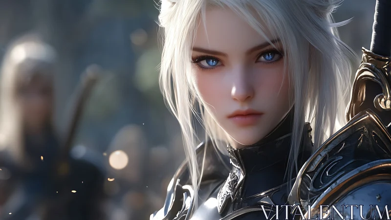 Silver haired armored warrior with intense blue gaze.