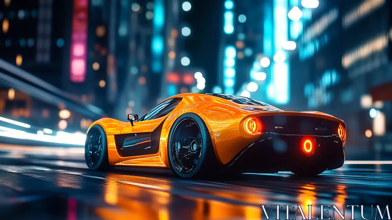 Orange futuristic sports car on wet neon city street.