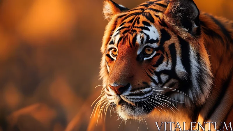 Tiger portrait in warm backlight with shallow depth of field.