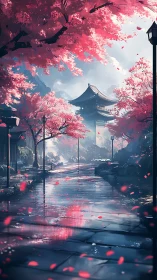 Temple walkway with cherry trees and wet reflective stones.
