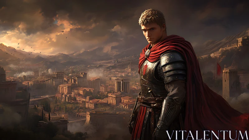 Crimson legionnaire broods above a storm-lit ancient cityscape.