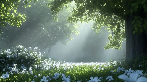 Sunlit forest meadow breathes gently through drifting mist