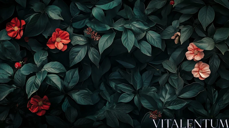 Dark teal foliage cradles scattered red and blush flowers softly