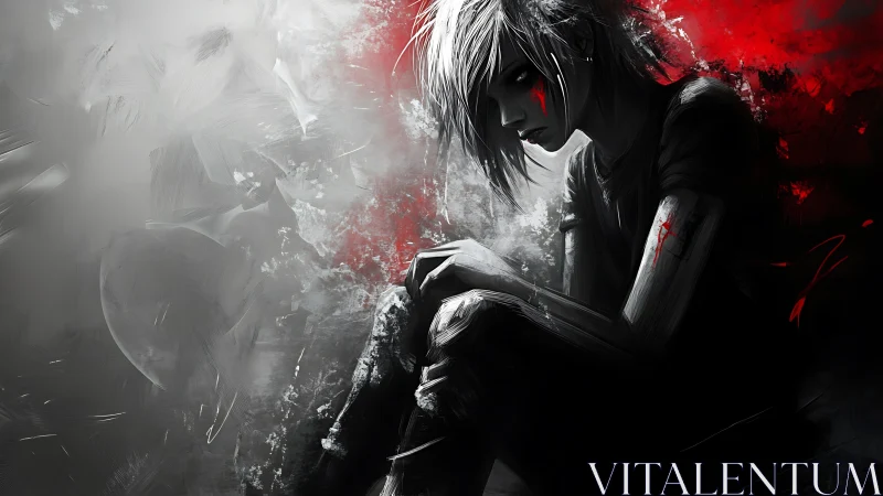 Grayscale loner curls into crimson-slashed digital dusk