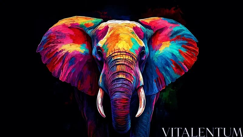 Chromatic elephant monarch strides from neon twilight void.