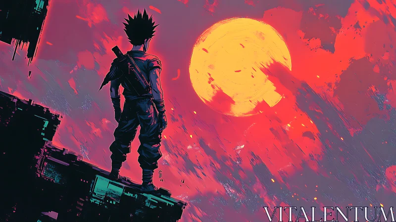 Solitary warrior watching vivid neon sunset sky.