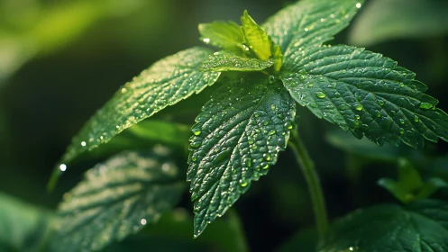 Close-up of green serrated leaves with water droplets.