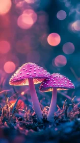 Pink mushrooms under soft bokeh light in forest floor.