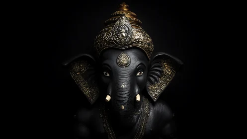Ornate black Ganesh sculpture isolated on deep chiaroscuro