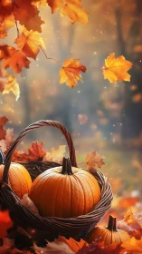 Photorealistic autumn pumpkins in wicker basket composition.