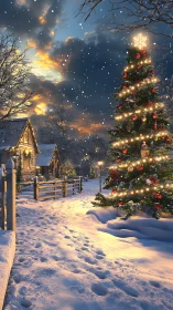 Snow-covered village path with illuminated Christmas tree.