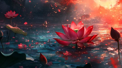 Digital depiction of red lotus flowers on reflective water surface.
