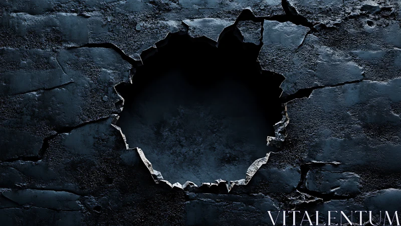 Rugged asphalt breach with jagged circular impact cavity.