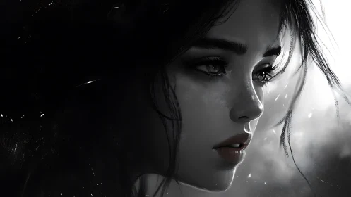 Monochrome digital portrait isolates a pensive female profile