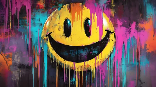 Neon graffiti smiley drips through dark urban wall.