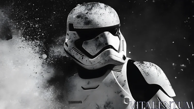 Armored sci fi soldier rendered in high contrast grayscale