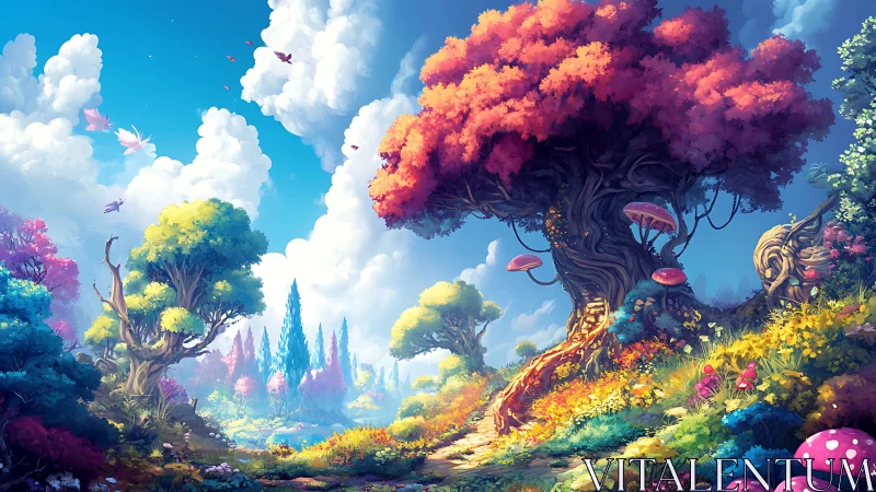 Sunlit fantasy grove where storybook trees glow softly.