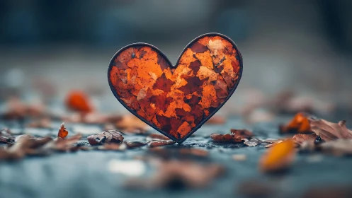 Amber glass heart filled with autumn leaves glowing against blurred surface