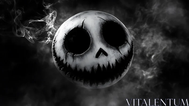 Grinning skull sphere floats through swirling monochrome smoke.