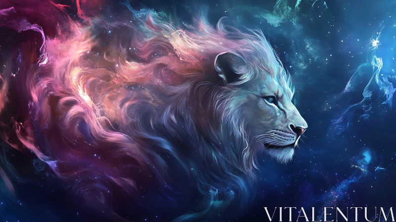 Celestial lion profile in swirling colorful nebula.