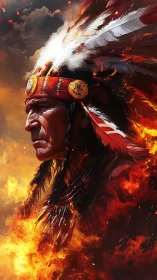 Profile of indigenous elder in feathered headdress amid fire.