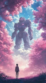 Solitary figure observing towering mech in pink forest sky