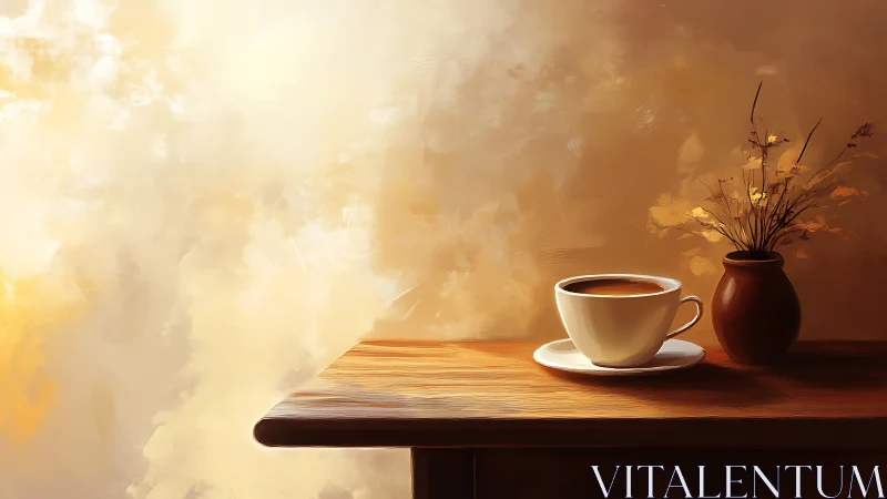 White cup of coffee and vase are placed on wooden table