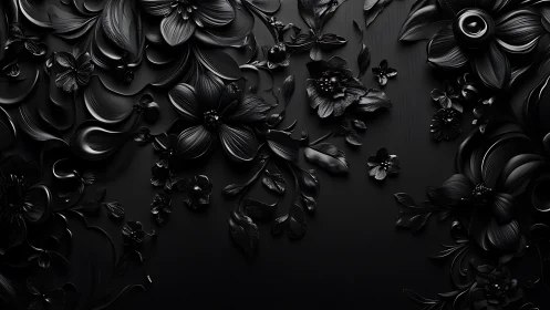 Three-dimensional relief flowers in black monochromatic render composition