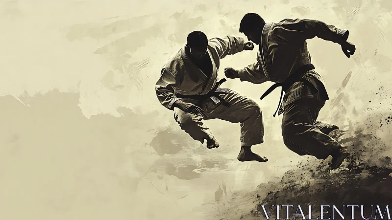 Martial artists collide midair in dynamic sepia combat scene.
