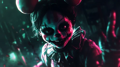 Neon-lit sinister clown child in rodent mask, low-key lighting