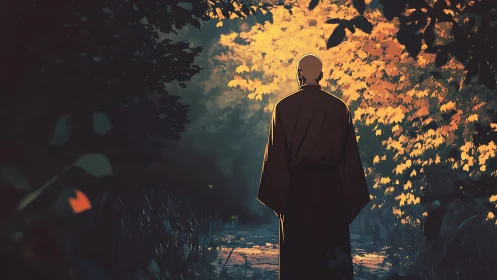 Monk silhouette in autumn forest lighted path at dusk.