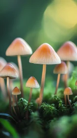 Cluster of translucent forest mushrooms under soft bokeh light