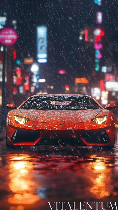 Electric red supercar glows under neon rain in the city