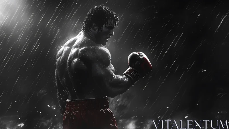 Shirtless Boxer in Rain. Dramatic Athletic Portrait.