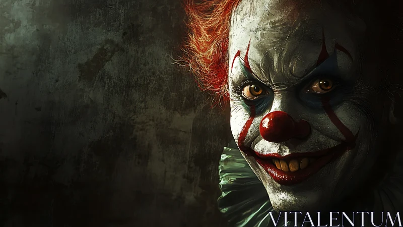 Grinning nightmare clown peers from shadowed carnival gloom.