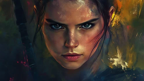 Digital portrait of intense female face in close focus.