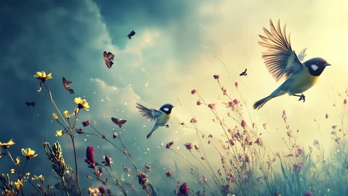Songbird in Flight Over Wildflowers, Dreamy Nature Art.