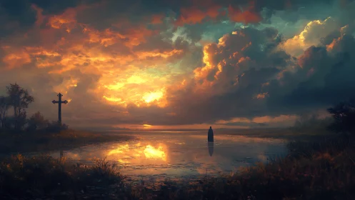 Solitary figure by lake under dense sunset storm clouds.