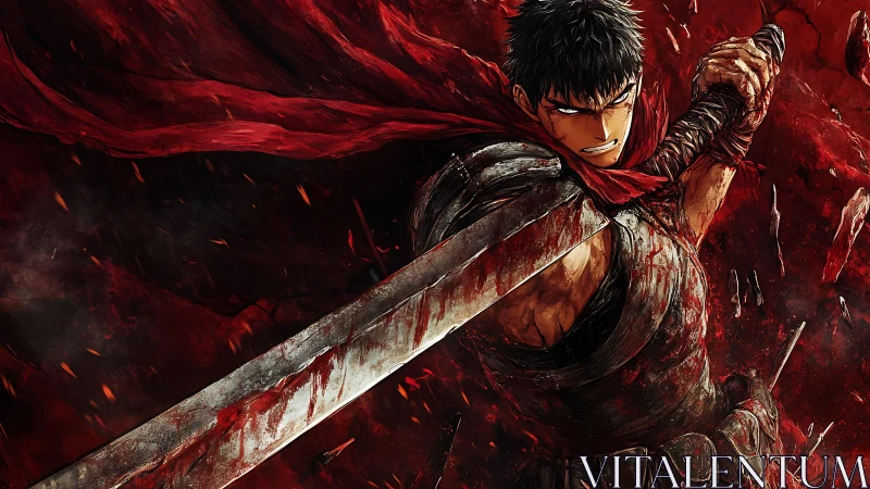 Battle-hardened swordsman cleaves through a scarlet storm.