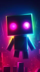 Neon voxel robot hovering above glowing cyber cityscape.