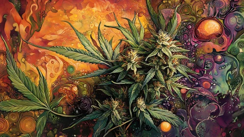 Psychedelic botanical cannabis study in layered digital painting.