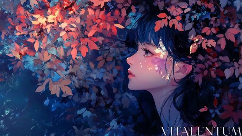 Chromatic side-profile portrait immersed in luminous foliage.