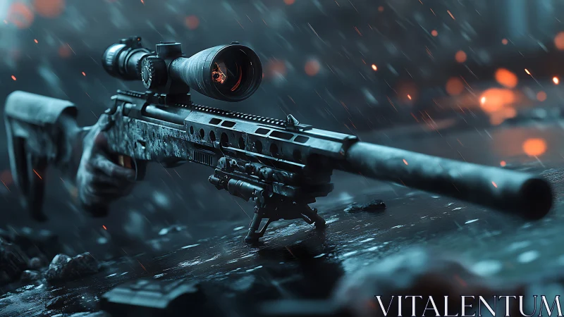 Sniper's Vigil: Rain-Soaked Optics & Firepower.