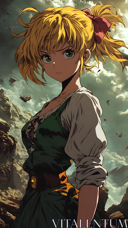 Determined anime heroine stands against storm-swept cliffs